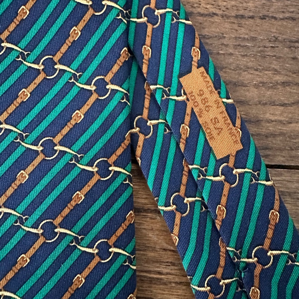 Hermes Men’s Silk Necktie - Navy, Green + Brown Stripe  - Excellent Condition